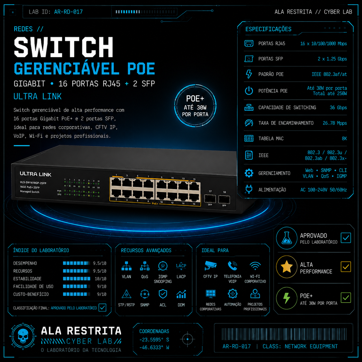 Switch Gerenciável PoE Gigabit Ultra Link 16 Portas RJ45 + 2 Portas SFP
