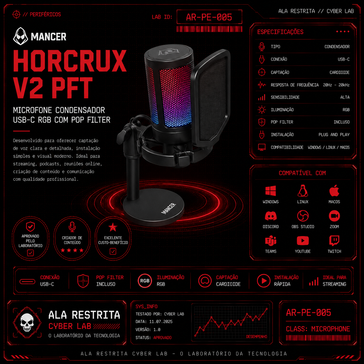 Microfone Mancer Horcrux V2 PFT USB-C RGB com Pop Filter