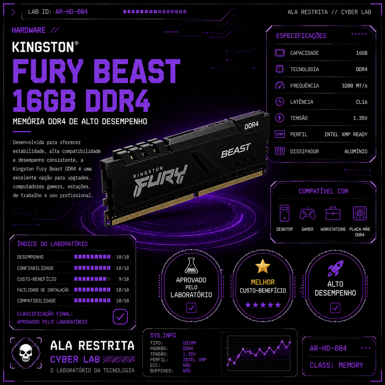 Memória Kingston Fury Beast 16GB DDR4 3200MT/s CL16 Desktop