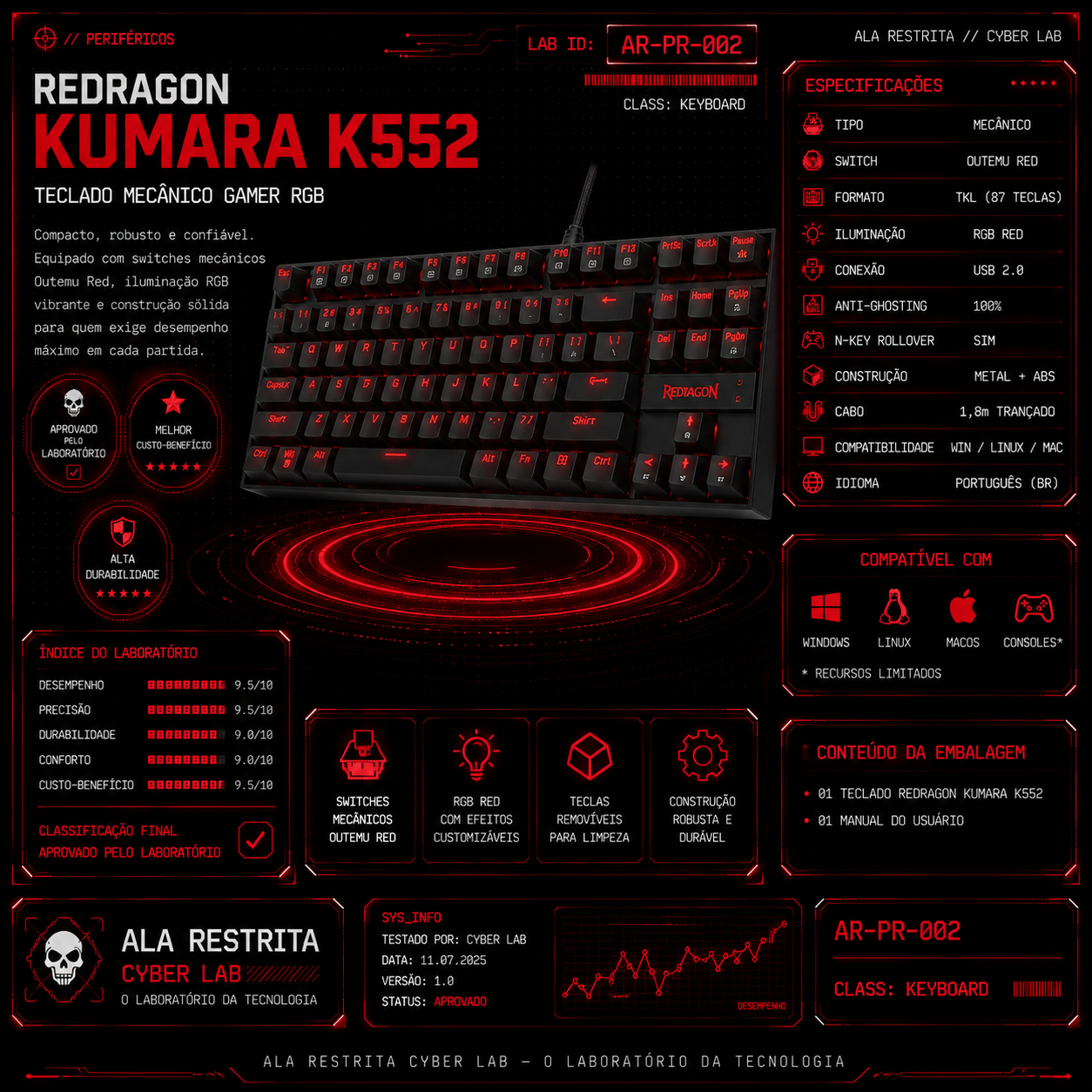 Teclado Mecânico Redragon Kumara K552 Single Color Preto Switch Azul