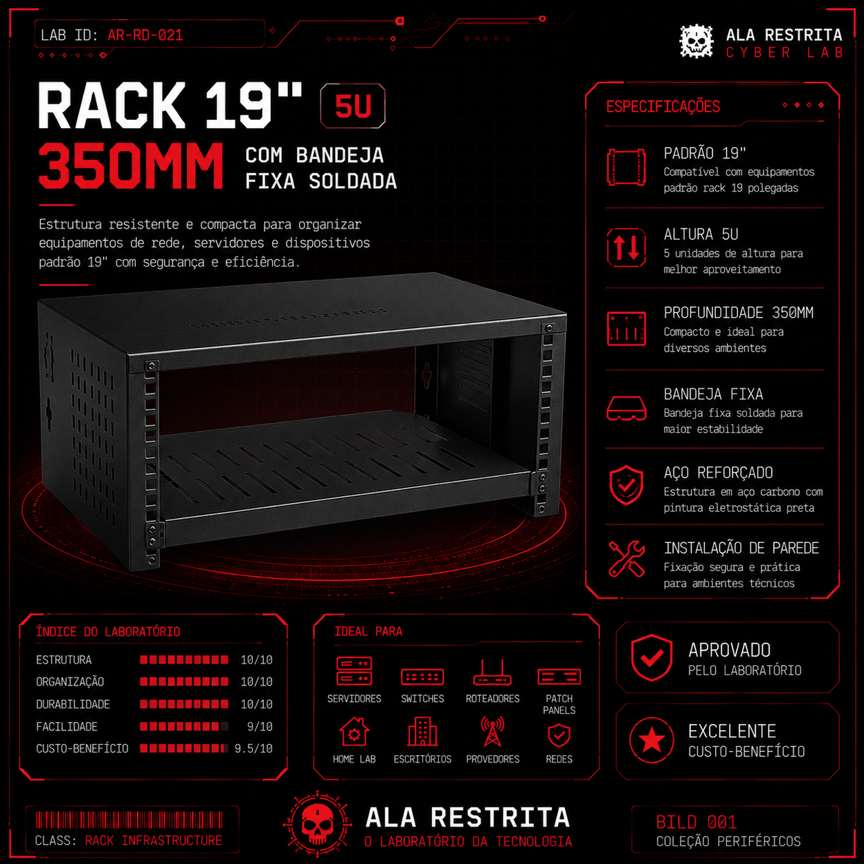 Rack Padrão 19" 5U x 350mm com Bandeja Fixa Soldada