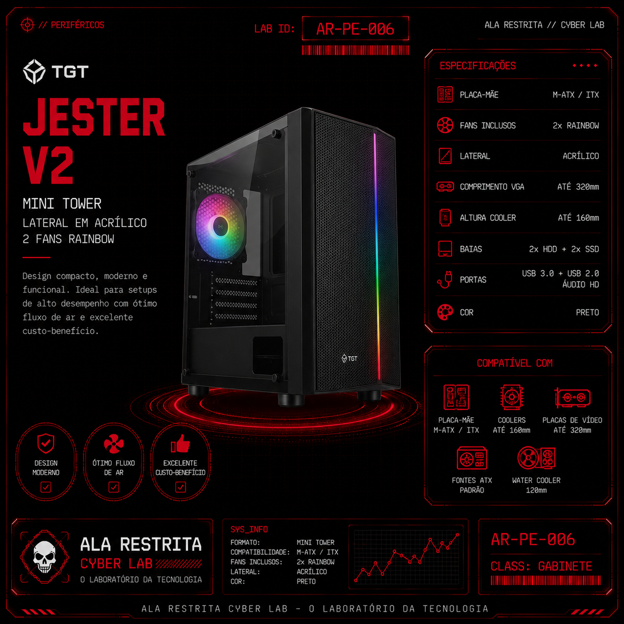 Gabinete TGT Jester V2 Mini Tower com Lateral em Acrílico e 2 Fans Rainbow