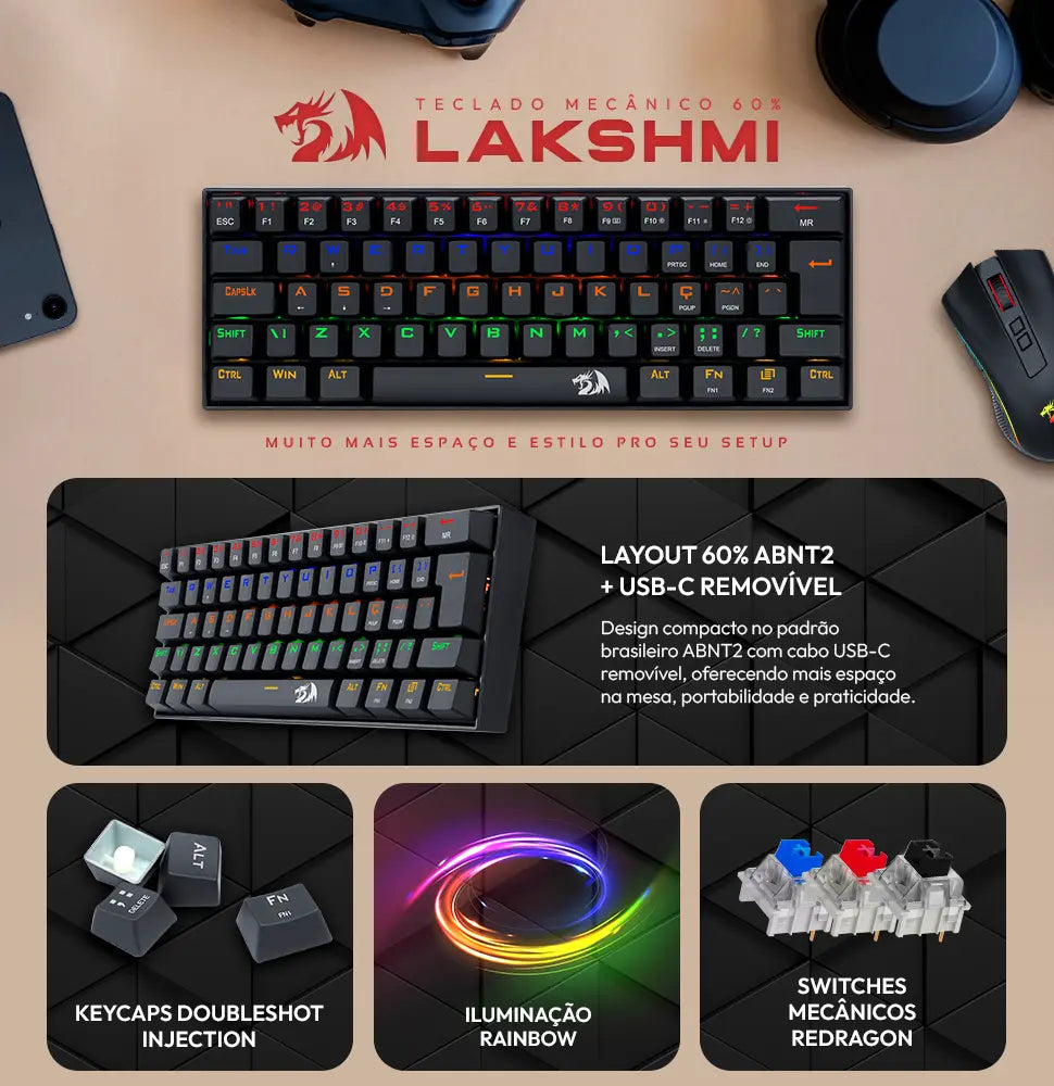 Teclado Mecânico Redragon Lakshmi Rainbow Brown K606 Abnt2 Cor de teclado Preto Idioma Português Brasil
